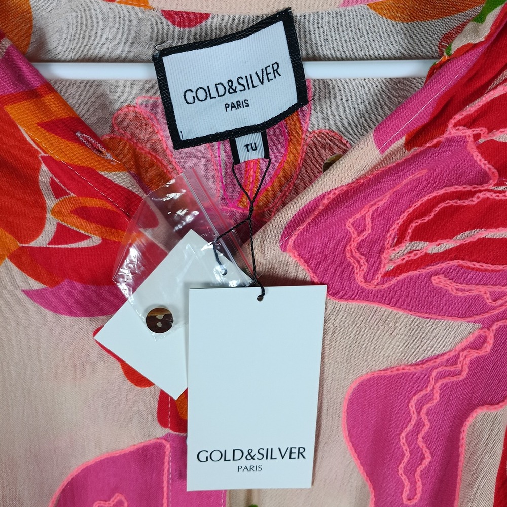 Gold & Silver Paris Top Womens OS Pink Orange Floral Oversized Resort Dress - Picture 2 of 10